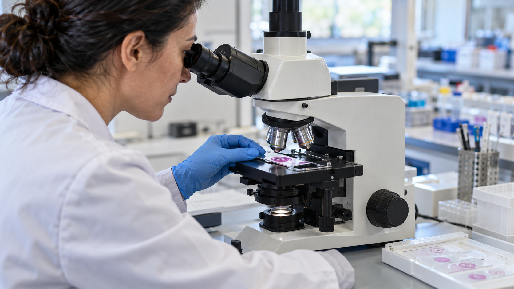 A laboratory microscope stands beside biopsy slides.