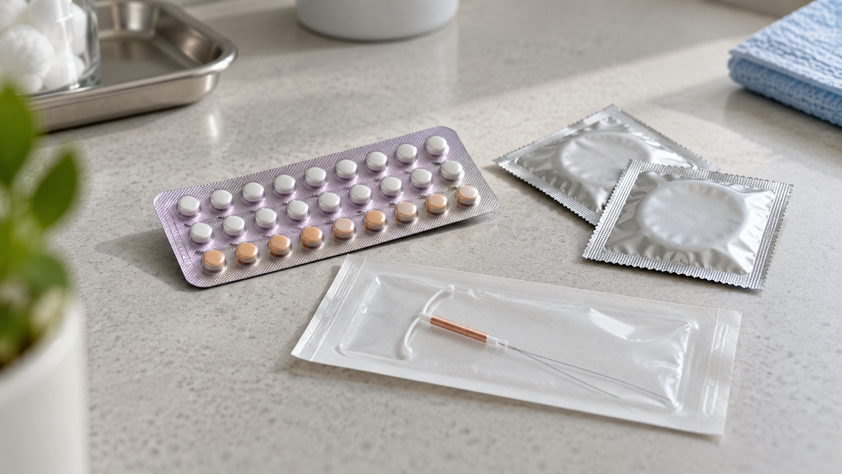 Contraceptive supplies arranged on a clinical tabletop.