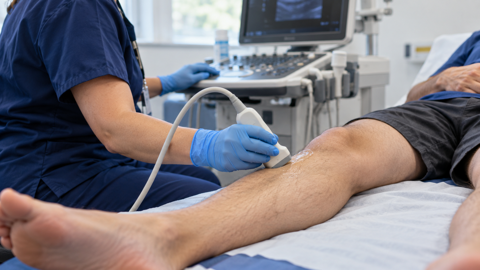A clinician performs an ultrasound examination of a patient’s calf.