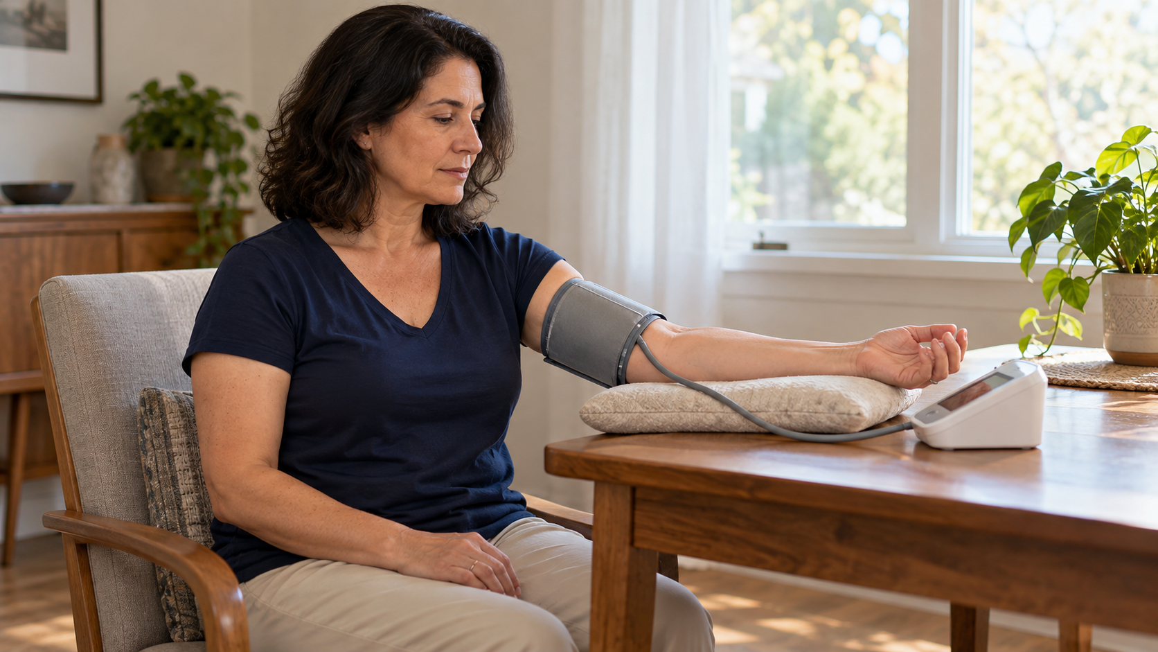 A seated patient has blood pressure measured with an upper-arm cuff.