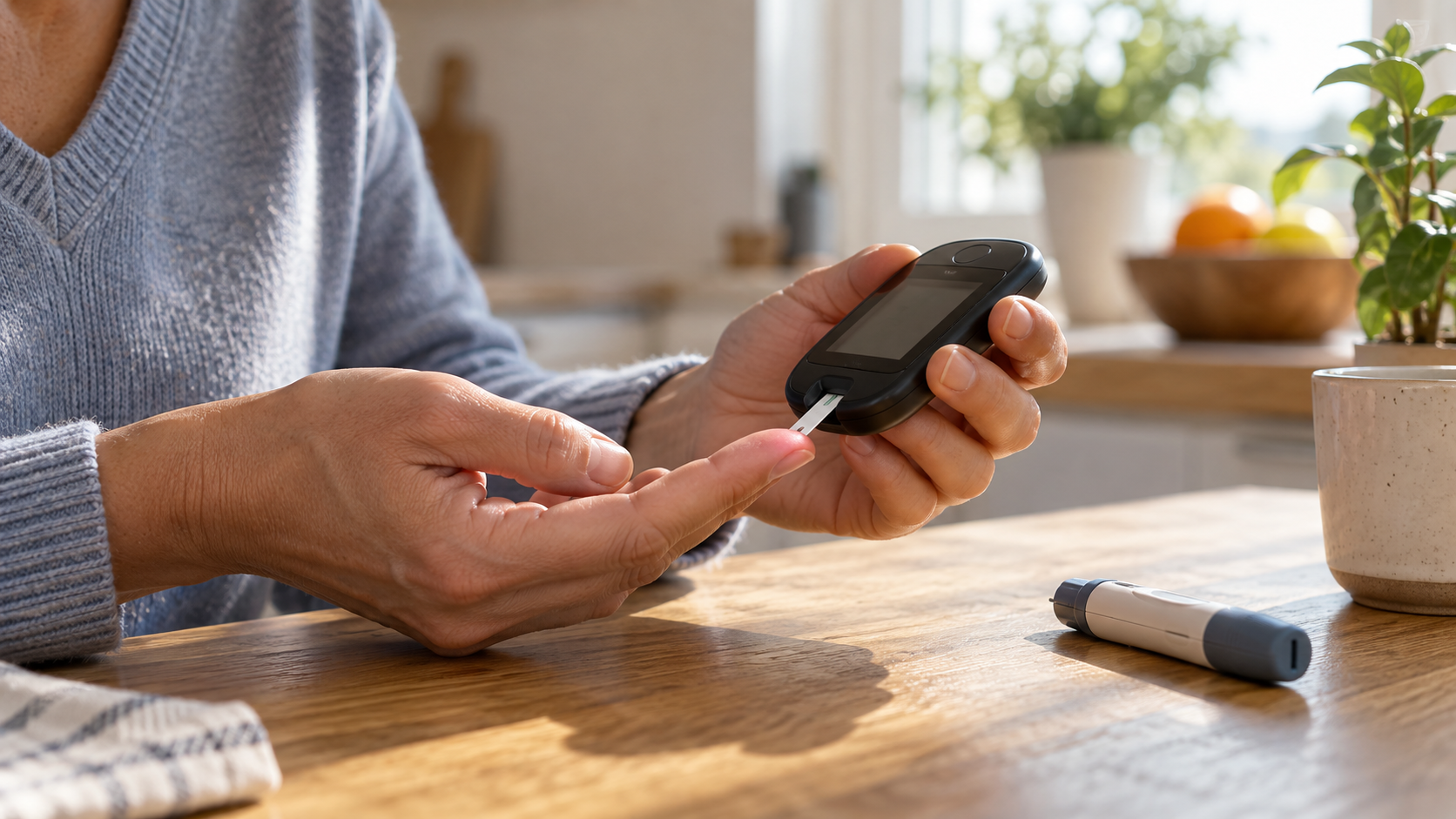 An adult checks blood sugar with a meter and fingertip sample.