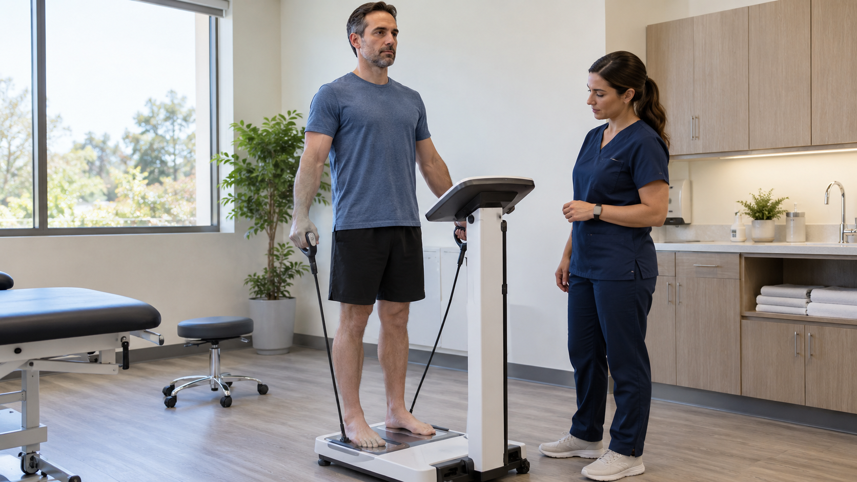 A barefoot adult holds the handles of a body-composition analyzer.