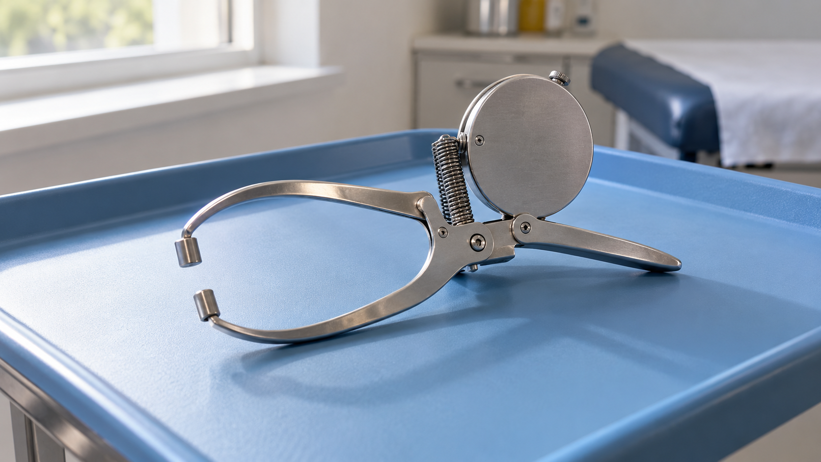 A metal skinfold caliper rests on a blue clinical tray.