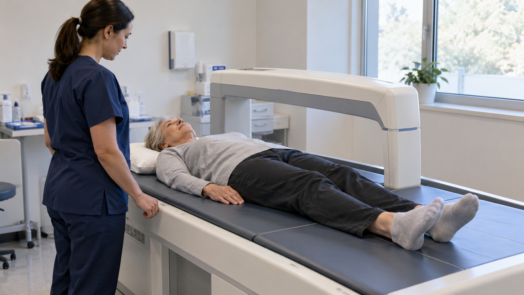 An older adult lies on a bone-density scanning table.