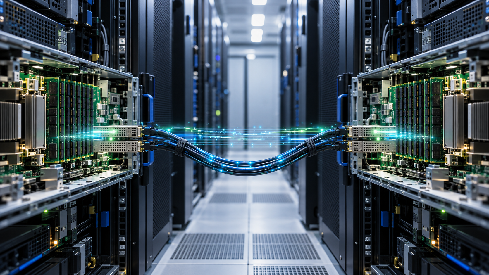 Two open rack servers connected by high-speed network cables for remote direct memory access