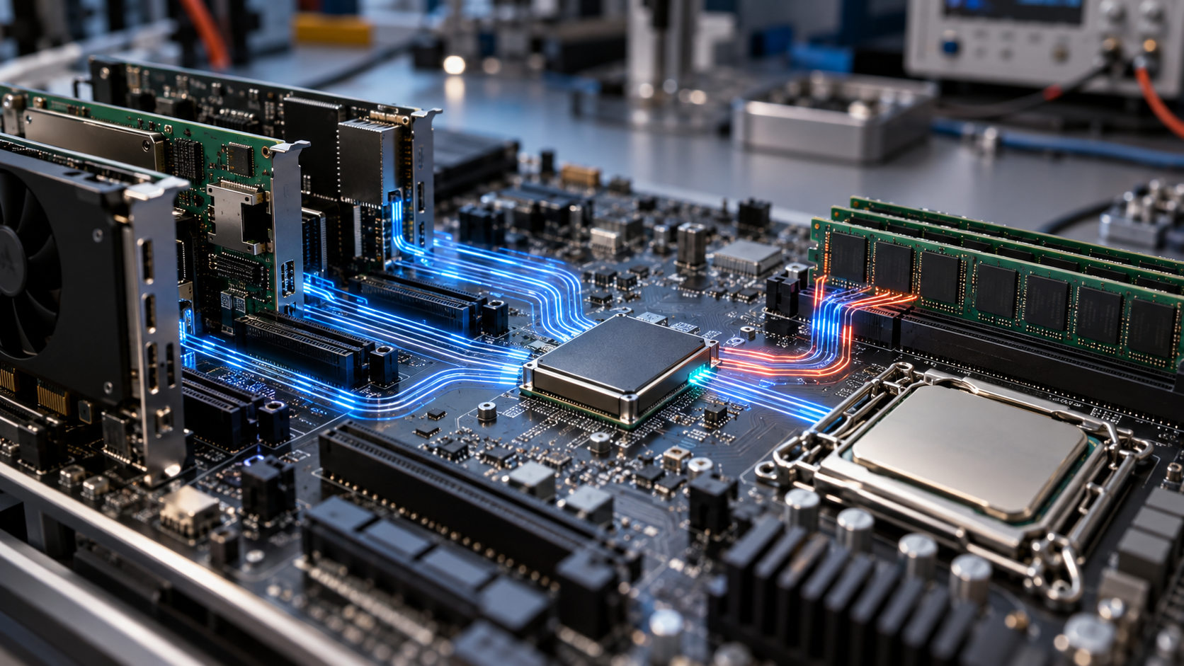 Computer motherboard showing an IOMMU routing data between PCIe devices and protected memory