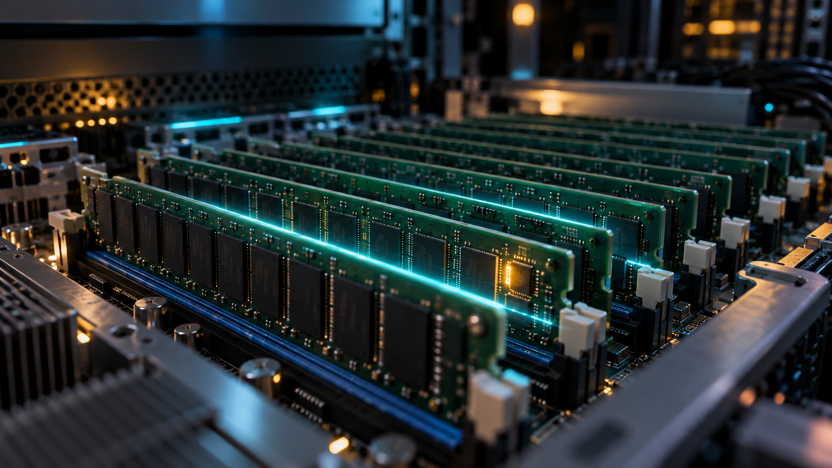 Server RAM modules being checked by a continuous memory-scrubbing scan