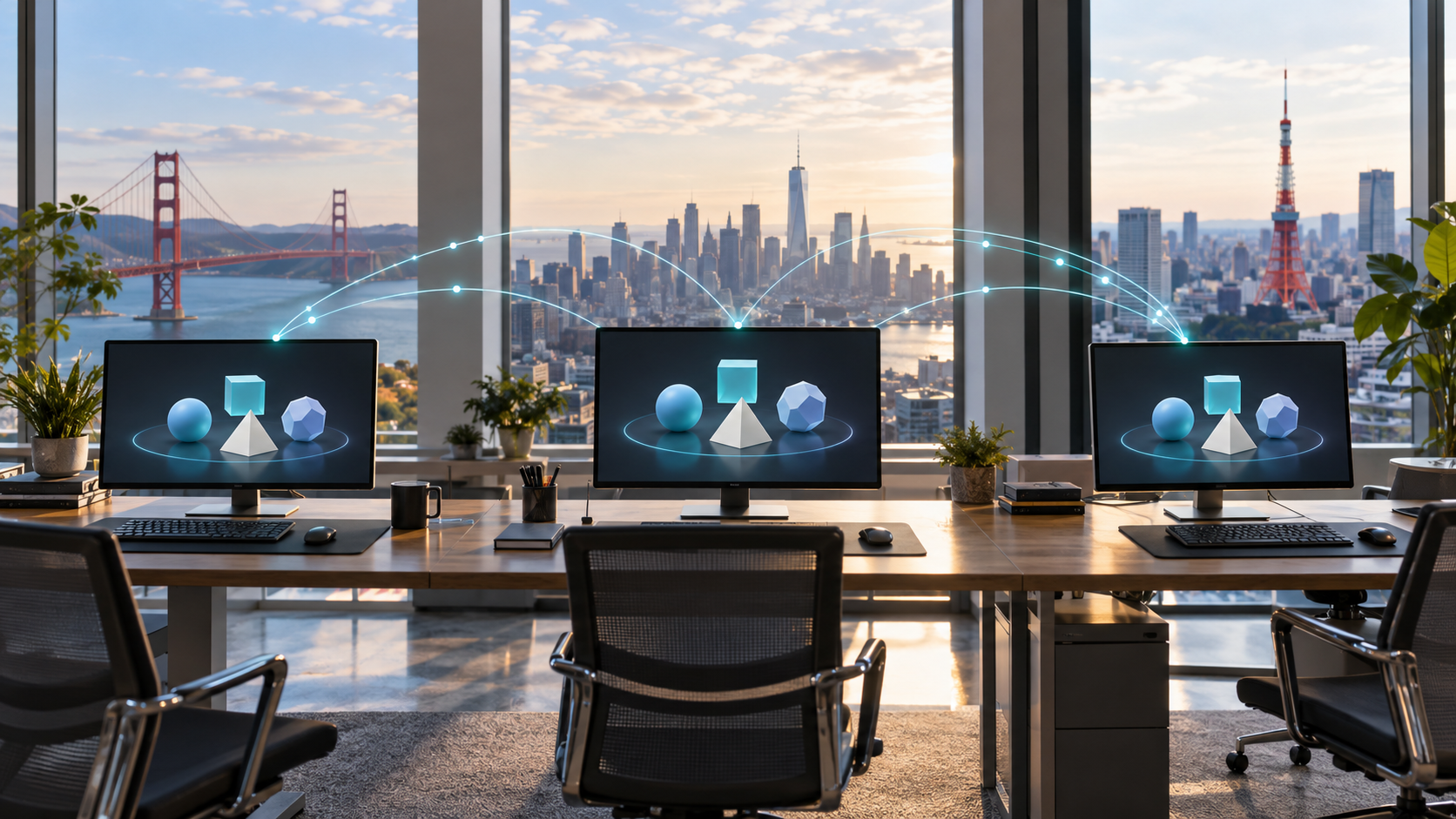 Three computers in different cities synchronizing matching data objects with CRDTs