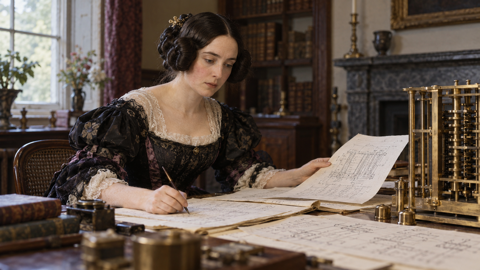 AI-generated photorealistic editorial reconstruction of Ada Lovelace studying Analytical Engine plans