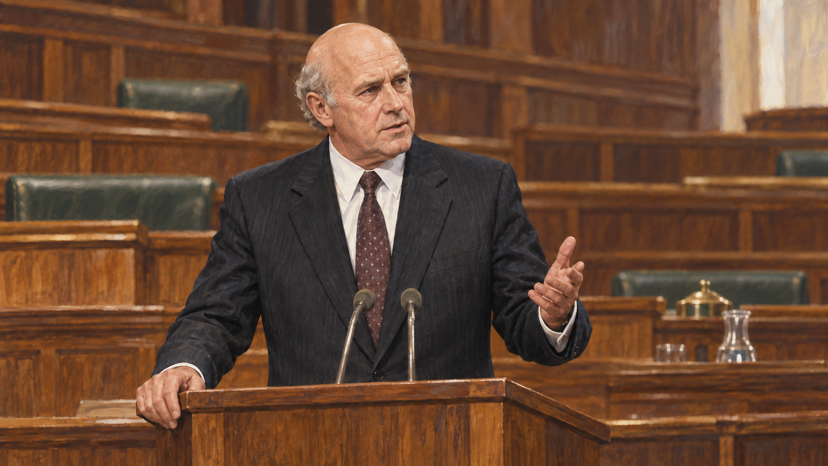 Editorial illustration of F. W. de Klerk addressing Parliament in Cape Town in 1990