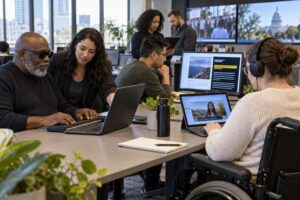 Realistic editorial scene of a newsroom accessibility review with a screen reader, keyboard navigation, captions, high-contrast layouts, and journalists testing an article