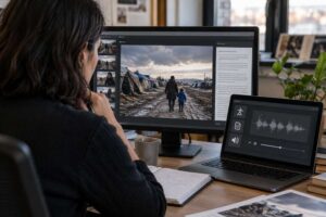 Realistic editorial scene of a photo editor writing concise alt text while comparing a news photograph, caption, article context, and screen-reader preview