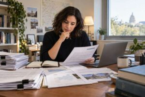 Realistic editorial scene of an editor simplifying a complex public policy article with source documents, clear headings, definitions, and reader testing notes