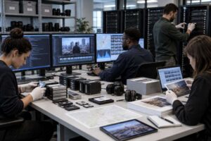Realistic editorial scene of a digital preservation team archiving a multimedia news story with code, video, data, screenshots, metadata, and redundant storage
