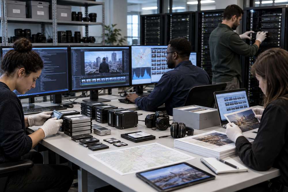 Realistic editorial scene of a digital preservation team archiving a multimedia news story with code, video, data, screenshots, metadata, and redundant storage