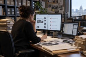 Realistic editorial scene of a web editor auditing an older investigative article with broken-link reports, archived sources, and replacement public records