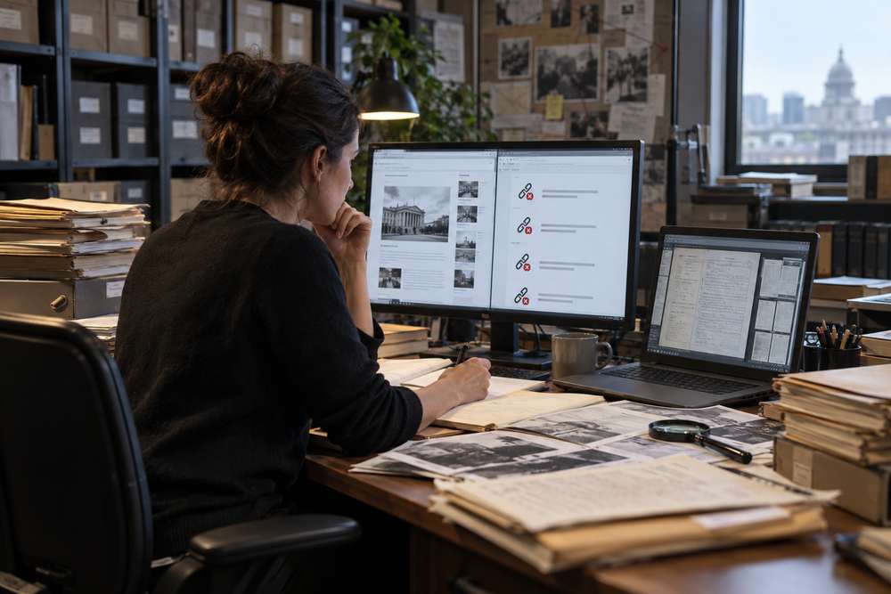 Realistic editorial scene of a web editor auditing an older investigative article with broken-link reports, archived sources, and replacement public records