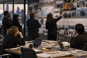 Realistic editorial scene of a newsroom team reviewing a wall of major verified stories, timelines, photographs, and data from the completed year