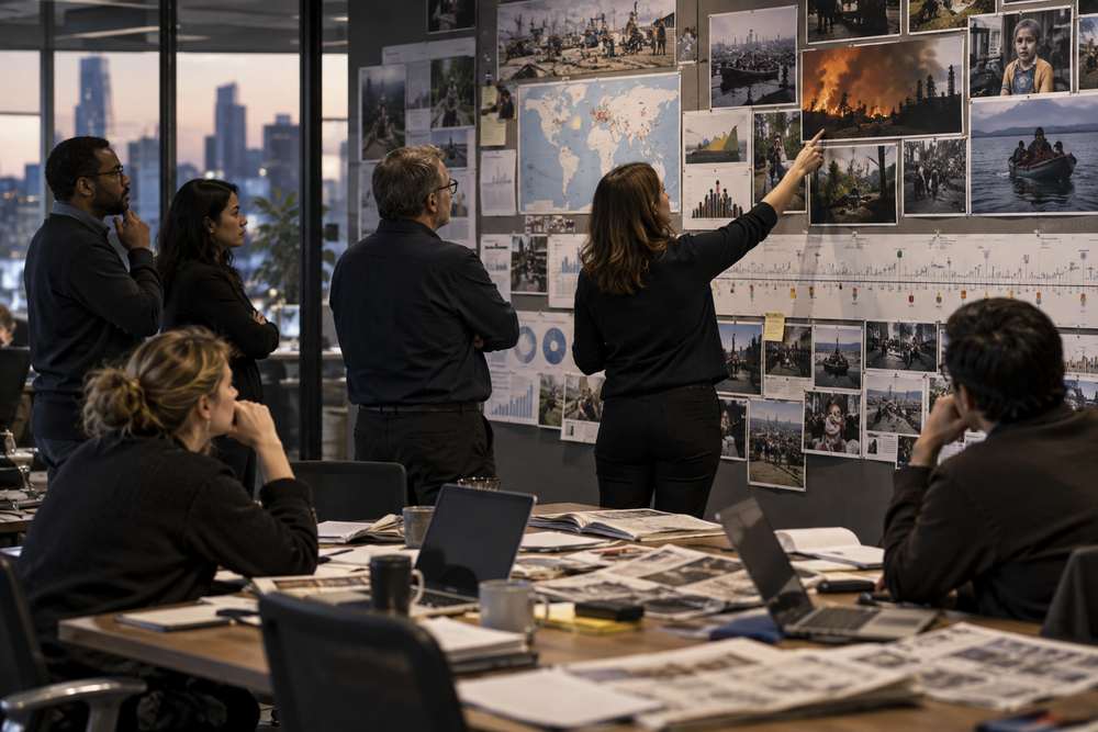 Realistic editorial scene of a newsroom team reviewing a wall of major verified stories, timelines, photographs, and data from the completed year