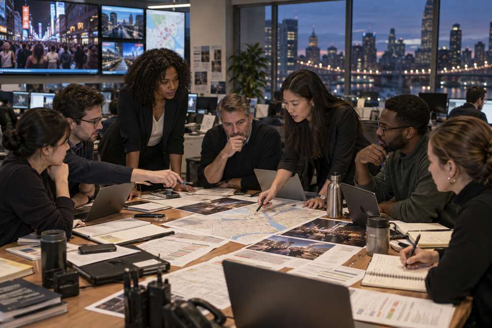 Realistic editorial scene of editors planning New Year's coverage around a large newsroom table with event maps, staffing rosters, safety notes, and reporting assignments