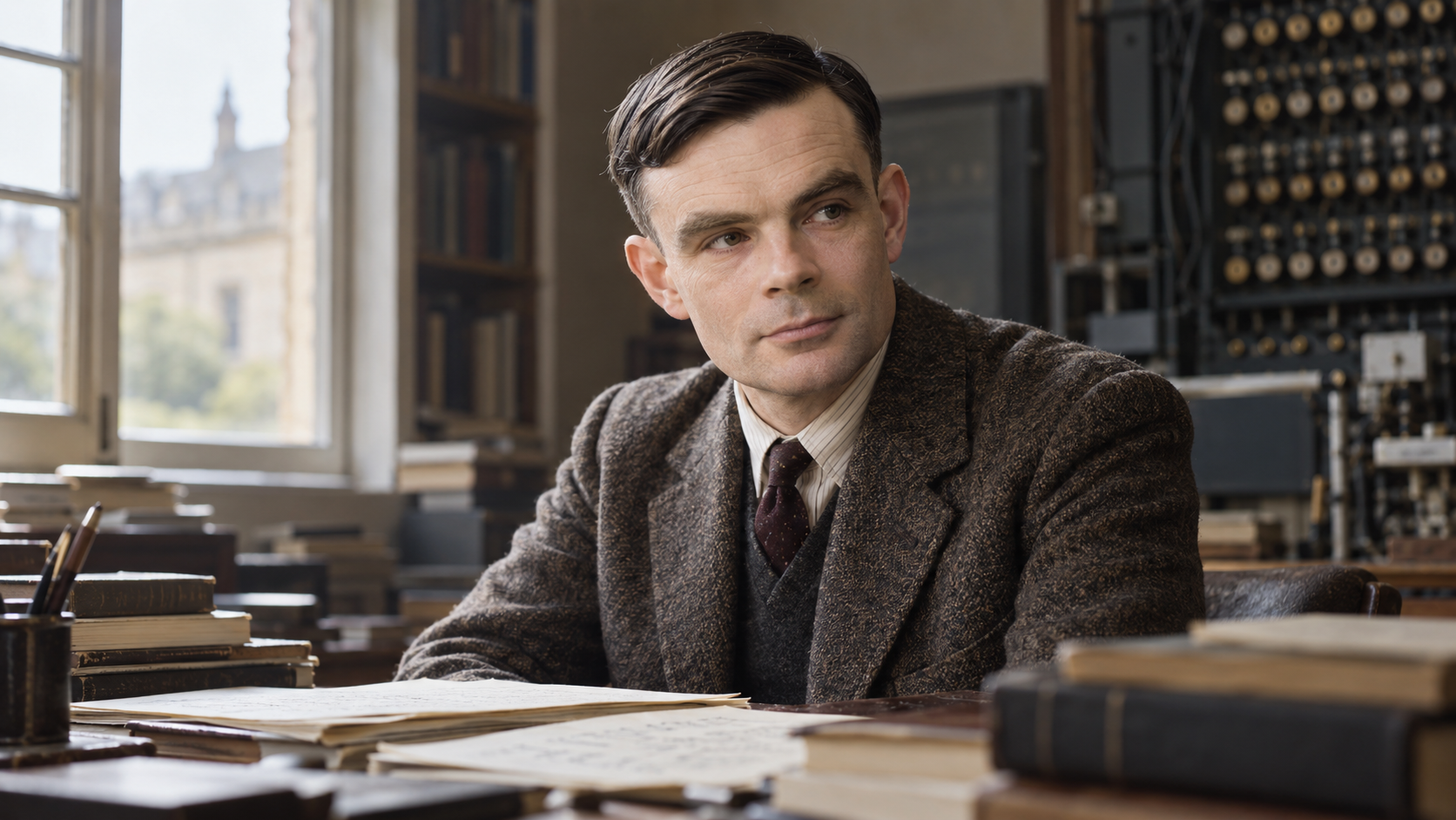 Realistic editorial portrait of Alan Turing for the February 07 Tech Quote of the Day