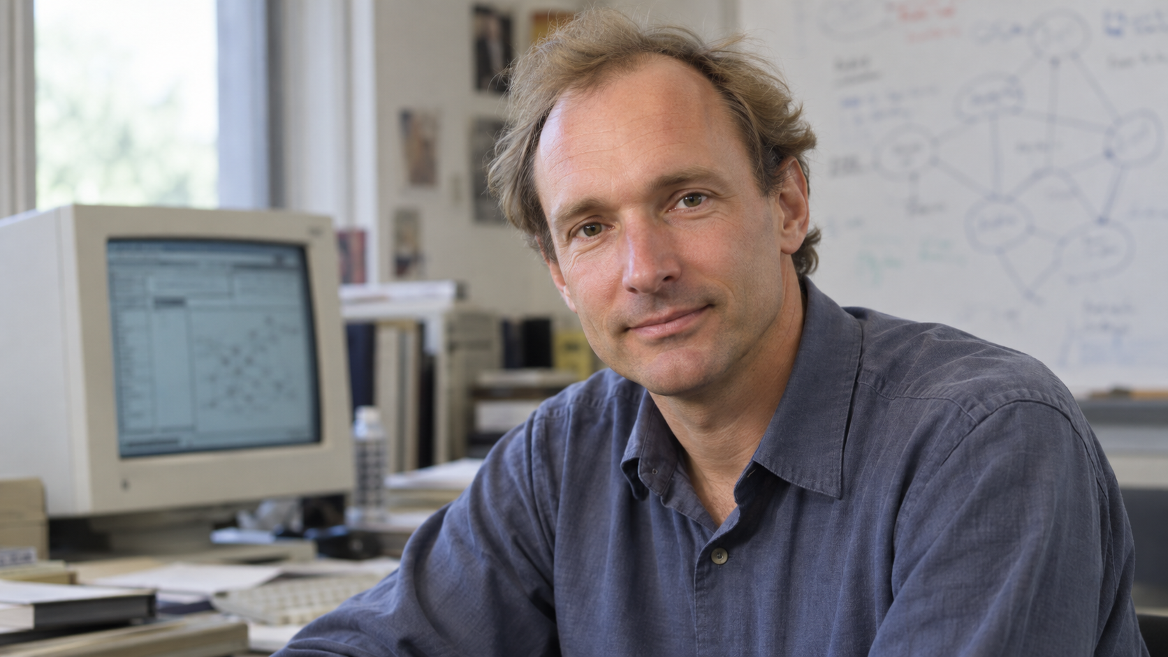 Realistic editorial portrait of Tim Berners-Lee for the February 08 Tech Quote of the Day