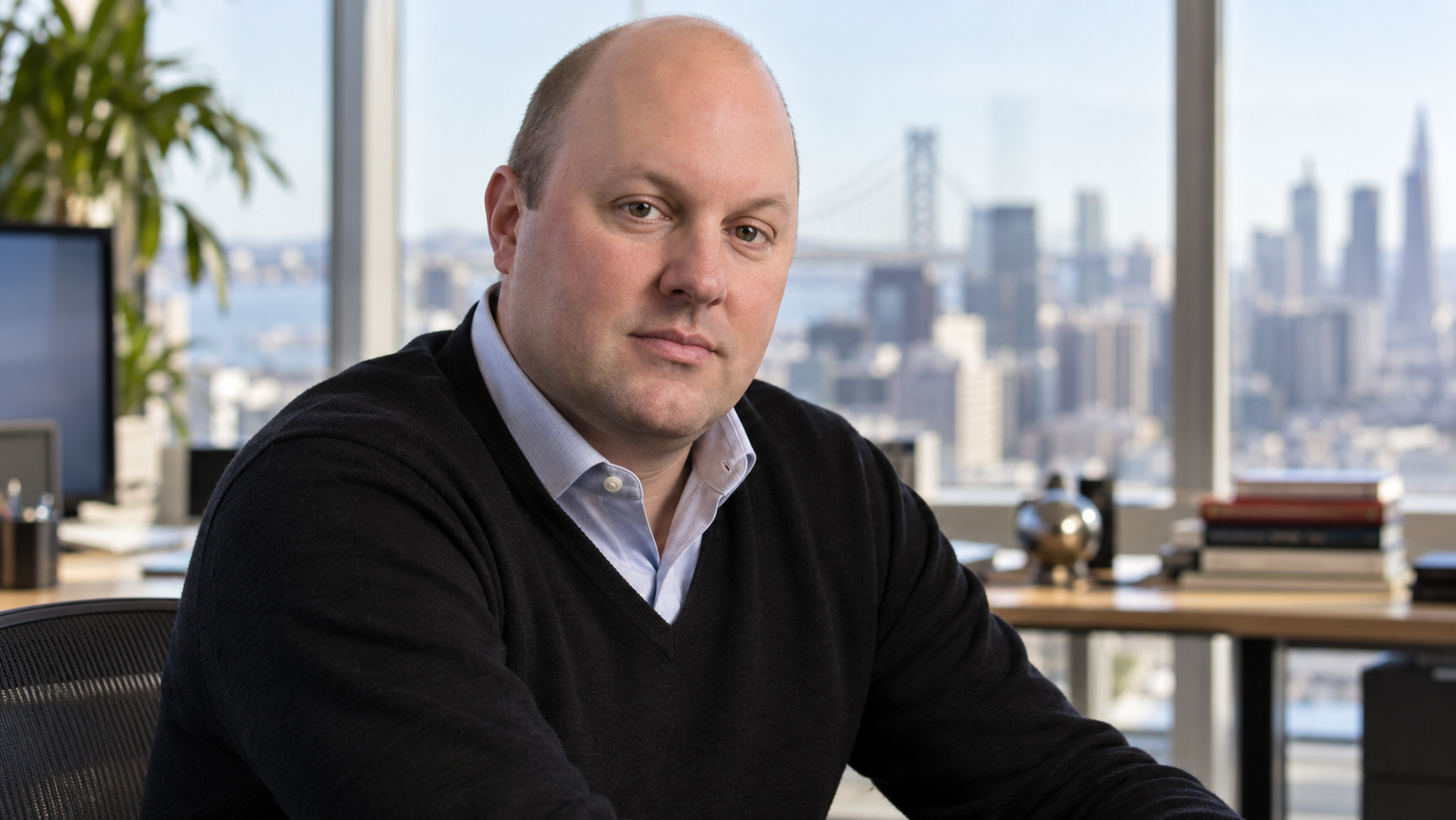 Realistic editorial portrait of Marc Andreessen for the February 09 Tech Quote of the Day