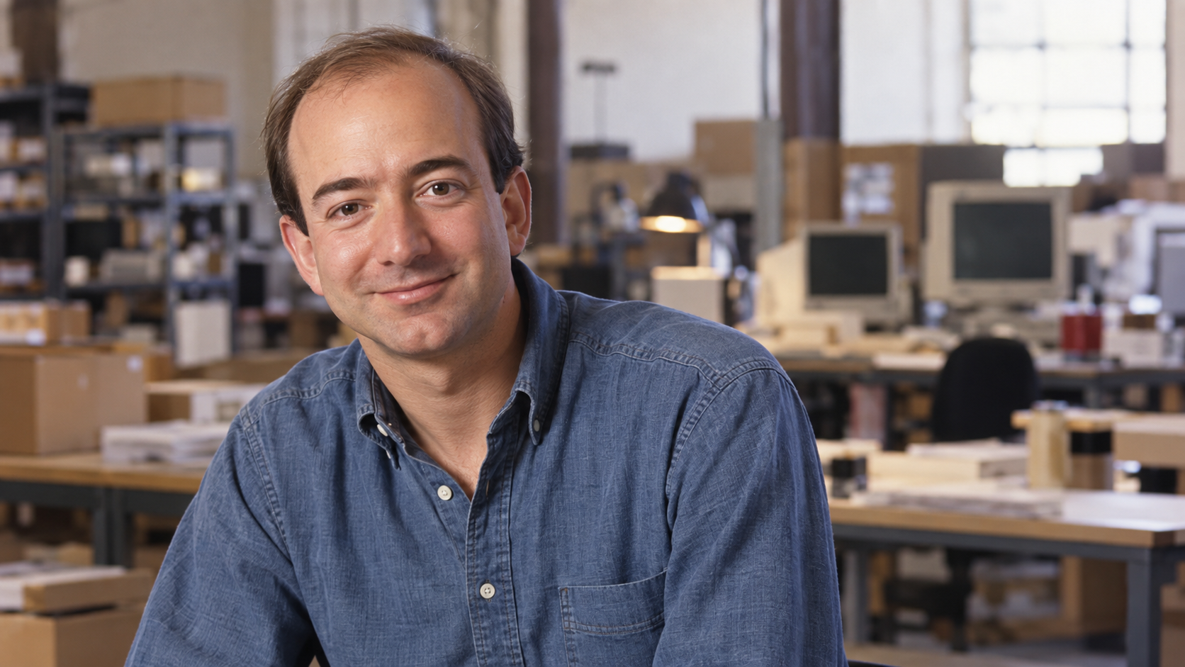 Realistic editorial portrait of Jeff Bezos for the February 10 Tech Quote of the Day