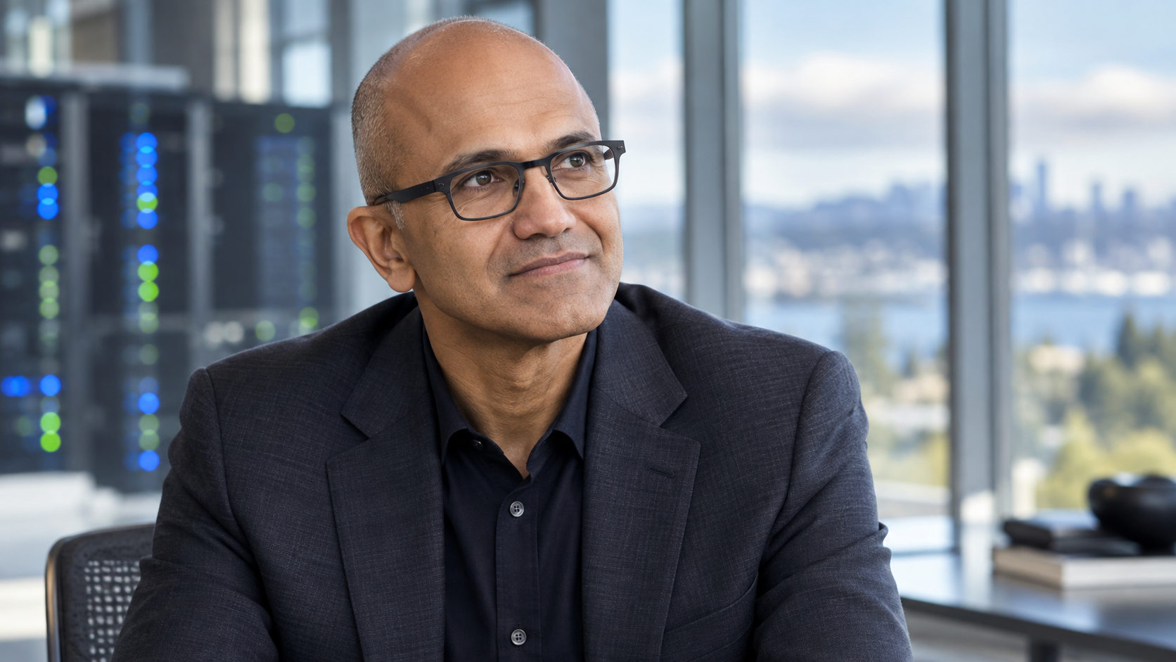 Realistic editorial portrait of Satya Nadella for the February 13 Tech Quote of the Day