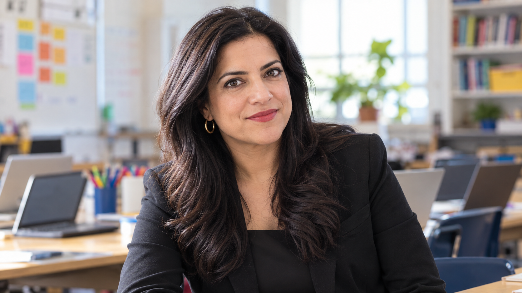 Realistic editorial portrait of Reshma Saujani for the February 15 Tech Quote of the Day