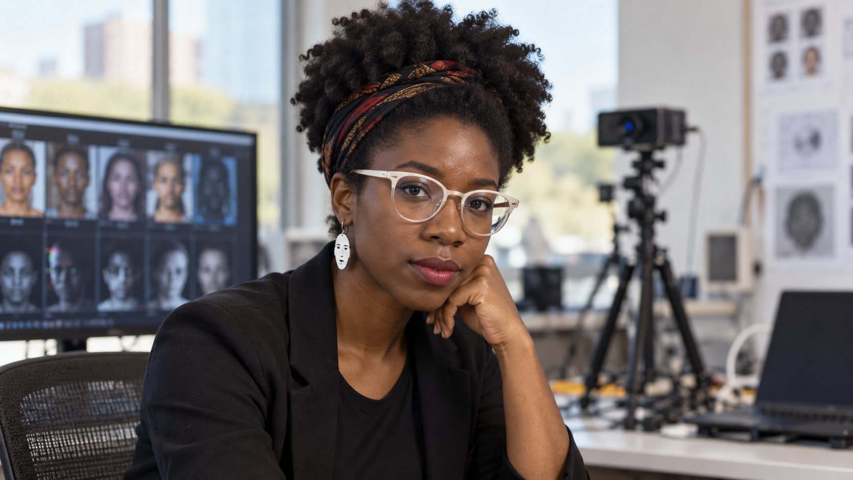 Realistic editorial portrait of Joy Buolamwini for the February 17 Tech Quote of the Day