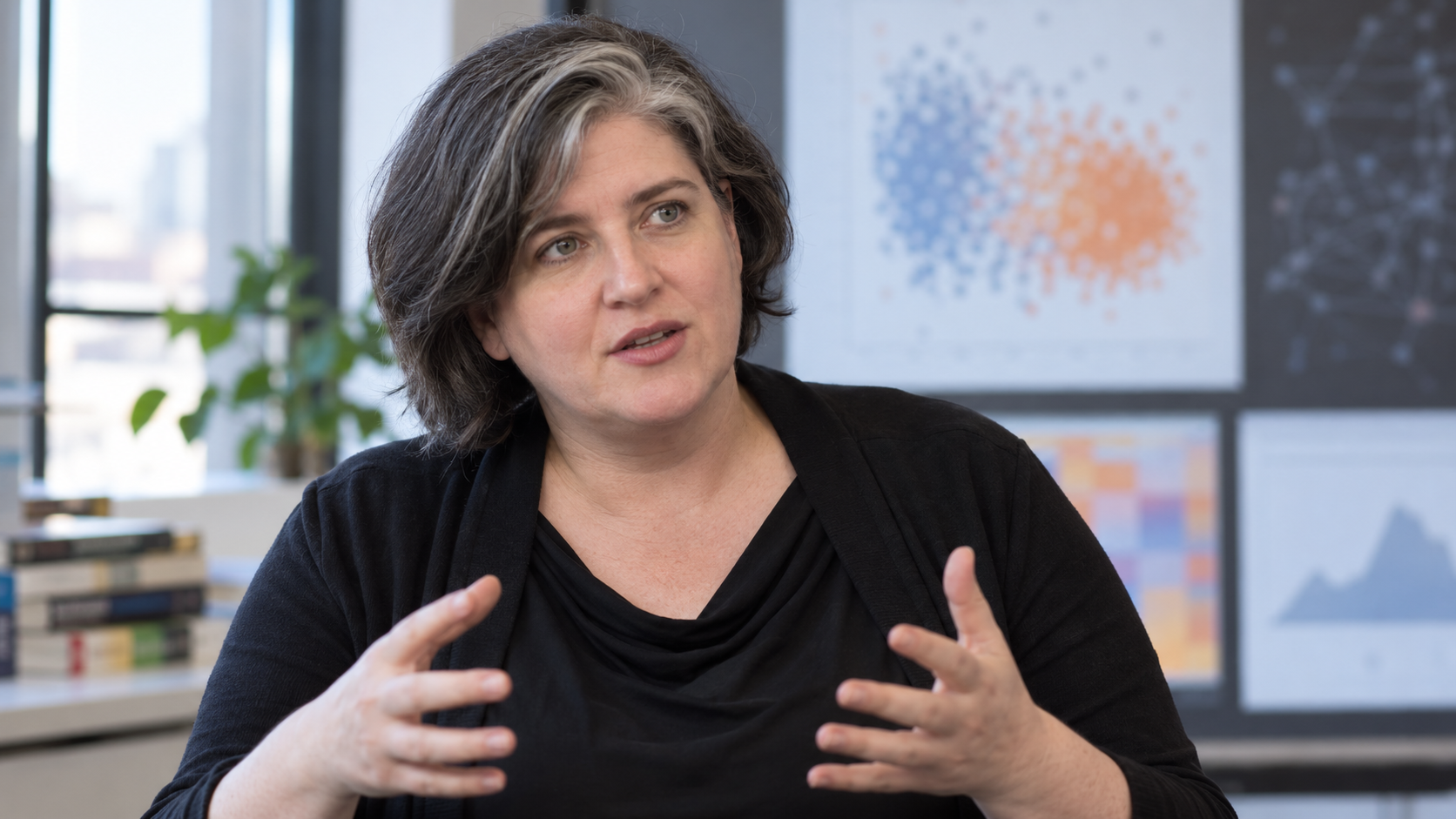 Realistic editorial portrait of Cathy O’Neil for the February 18 Tech Quote of the Day