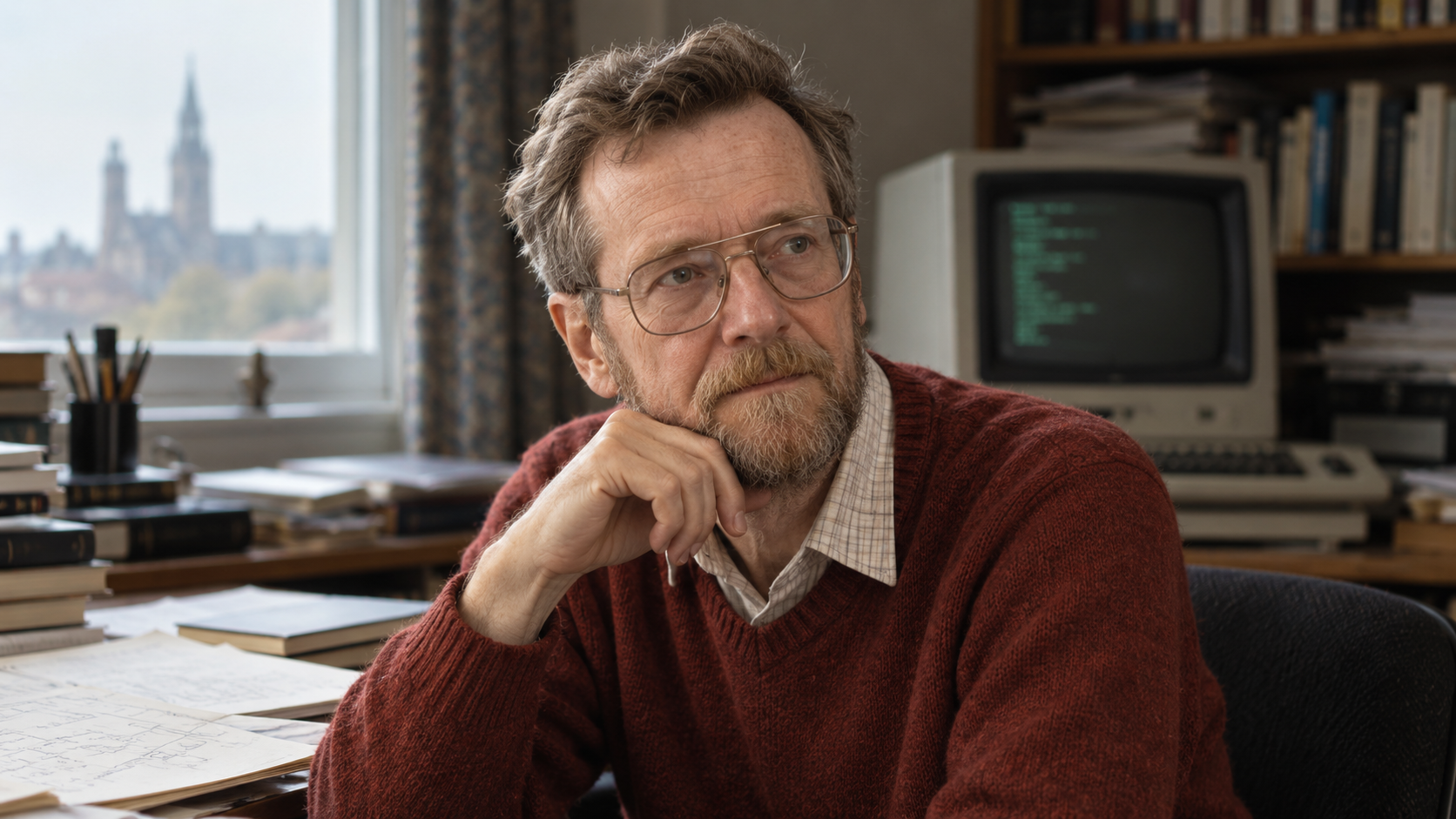 Realistic editorial portrait of Edsger Dijkstra for the February 23 Tech Quote of the Day
