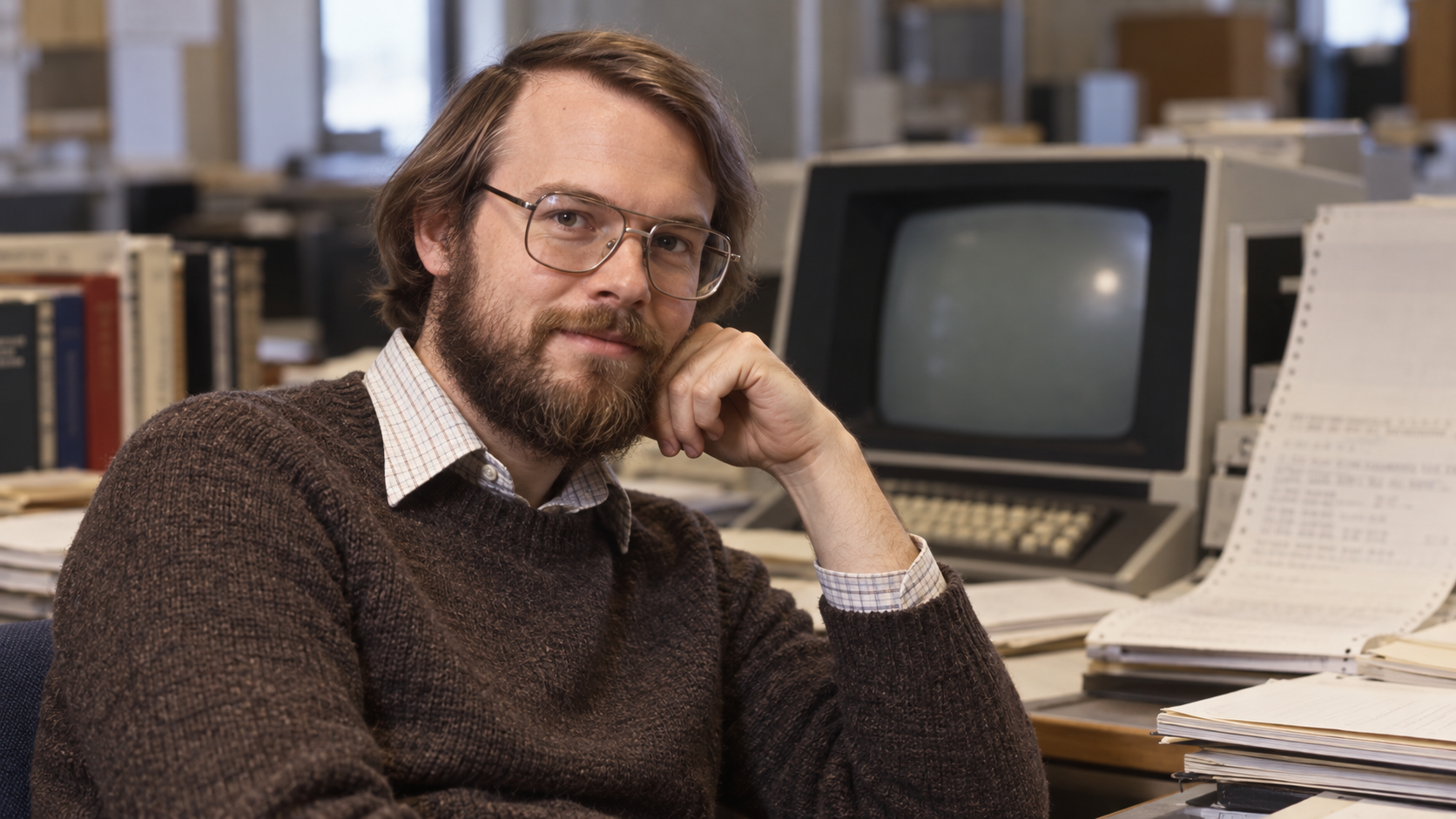 Realistic editorial portrait of Brian Kernighan for the February 26 Tech Quote of the Day