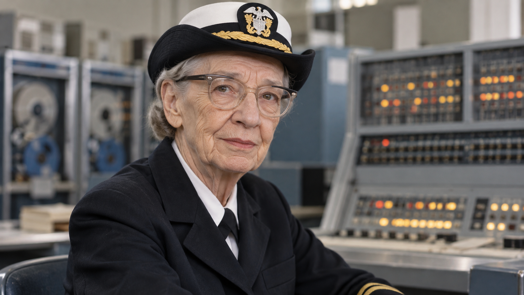 Realistic editorial portrait of Grace Hopper for the February 27 Tech Quote of the Day