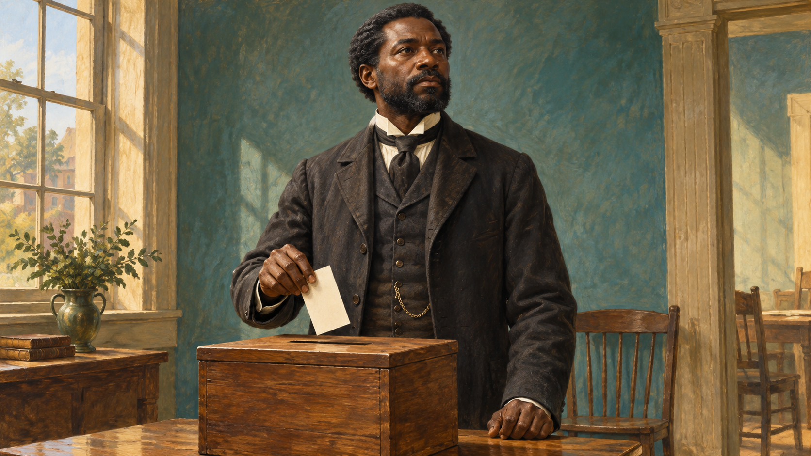 Editorial illustration of a Black man holding a ballot beside a wooden ballot box during Reconstruction
