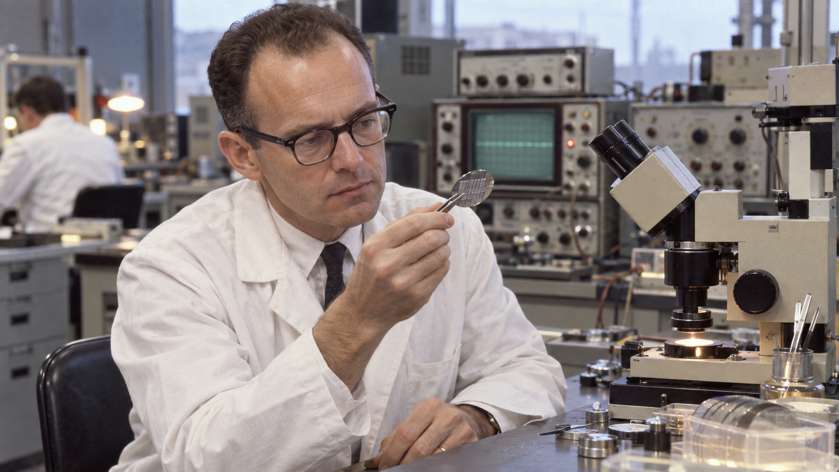 AI-generated photorealistic editorial reconstruction of Gordon Moore examining a silicon wafer in a 1960s laboratory