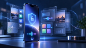Editorial illustration of a generic smartphone receiving a privacy-focused conversational assistant update