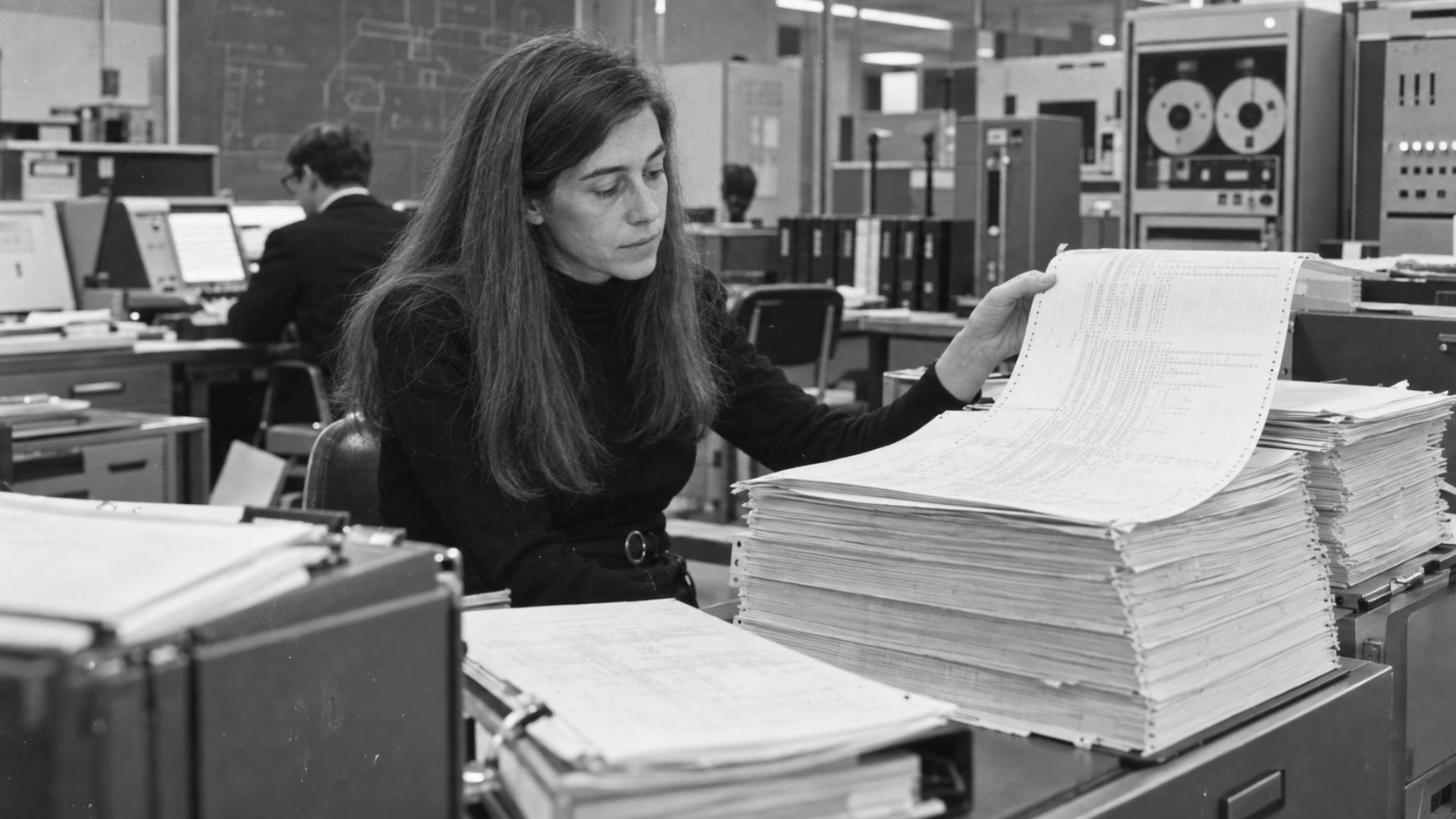 AI-generated photorealistic editorial reconstruction of Margaret Hamilton reviewing Apollo software listings