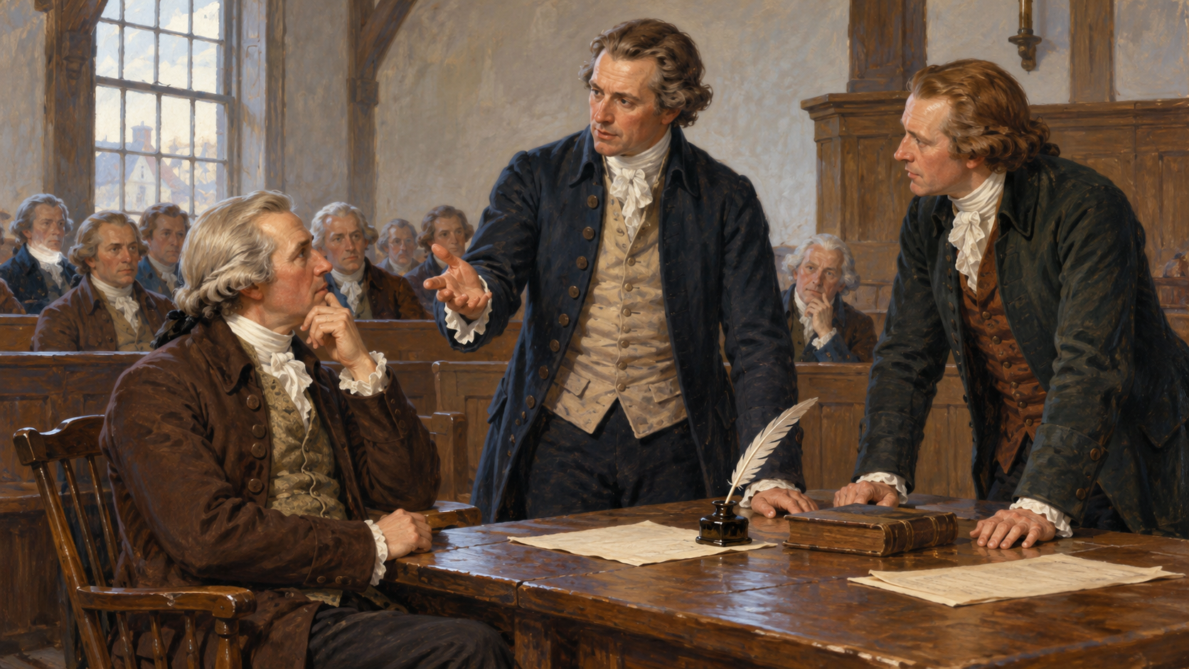 Editorial illustration of delegates debating the Constitution in a Boston meetinghouse in 1788