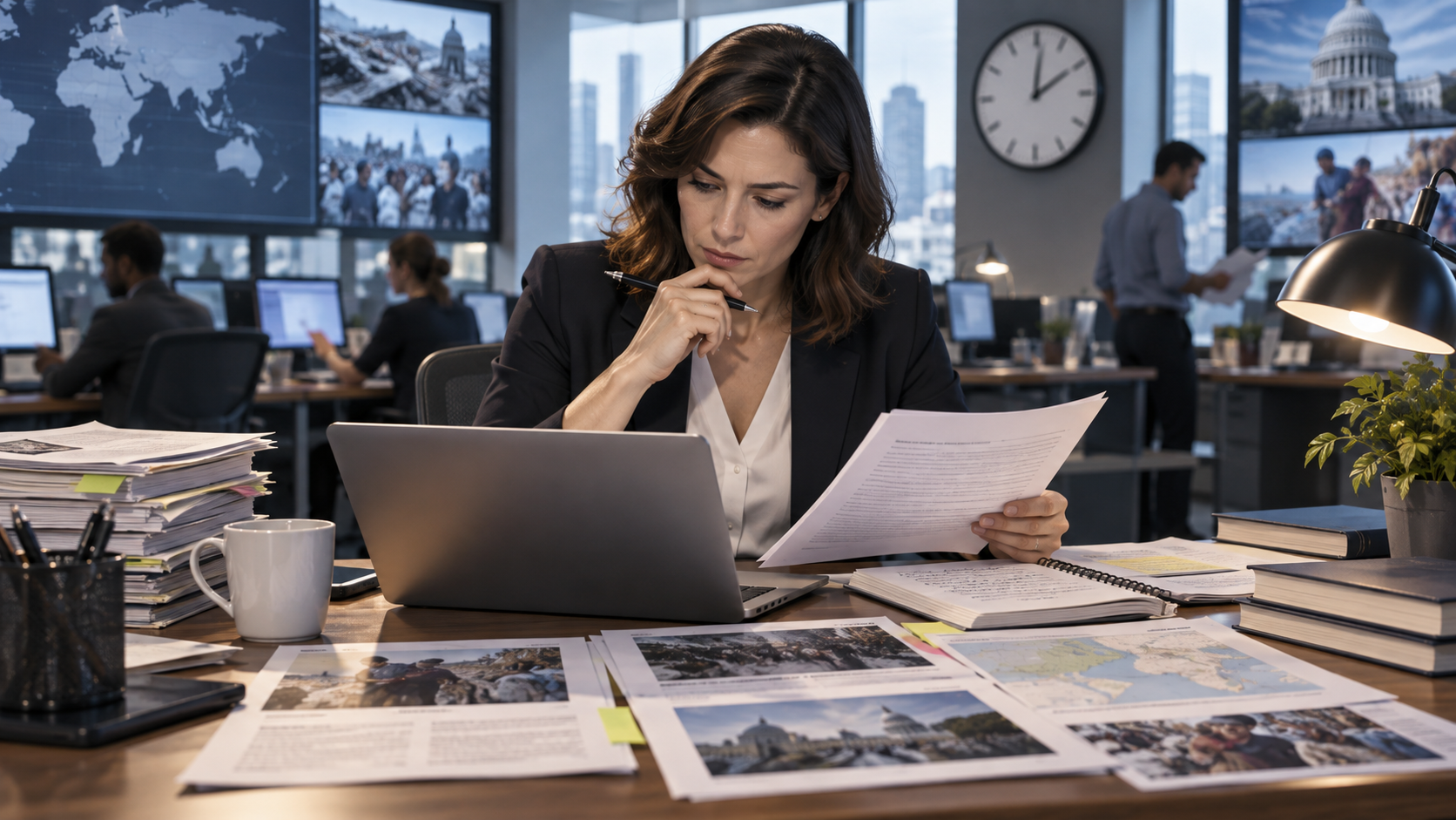 News editor verifying documents and sources for accuracy