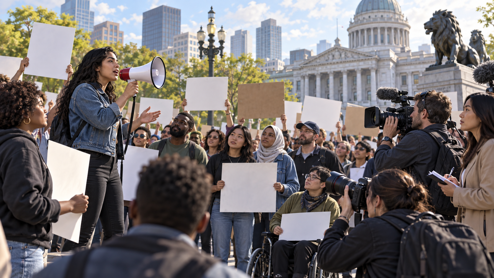 Peaceful civic activists speaking with journalists at a public demonstration