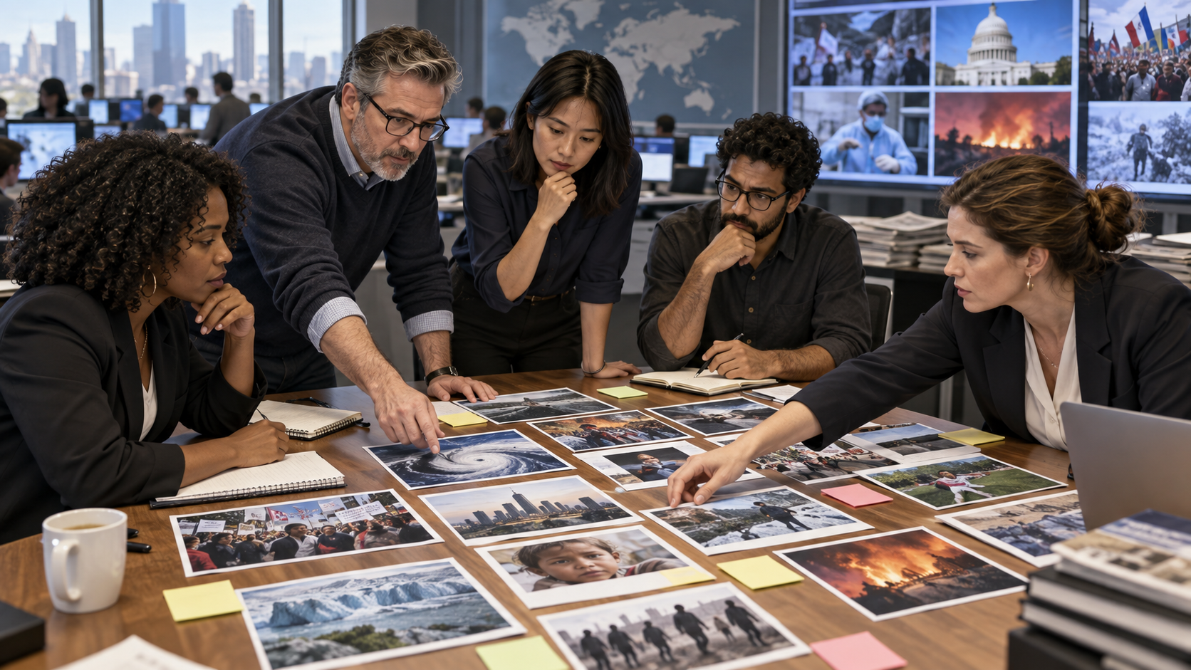 News editors reviewing photographs and choosing which stories to highlight