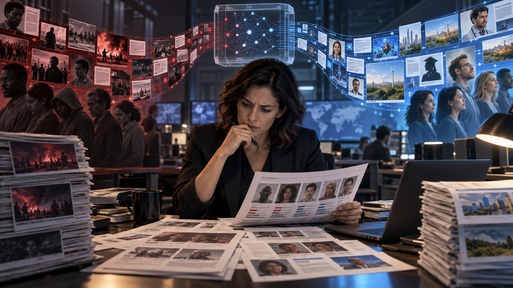 Editor examining uneven digital news recommendations shaped by an algorithm