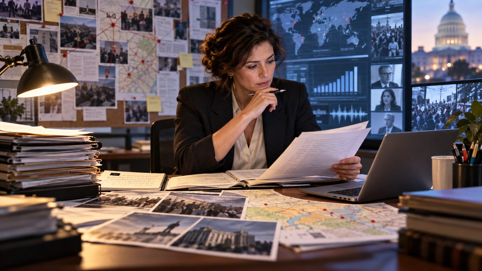 Journalist comparing documents, evidence, and data during newsroom analysis
