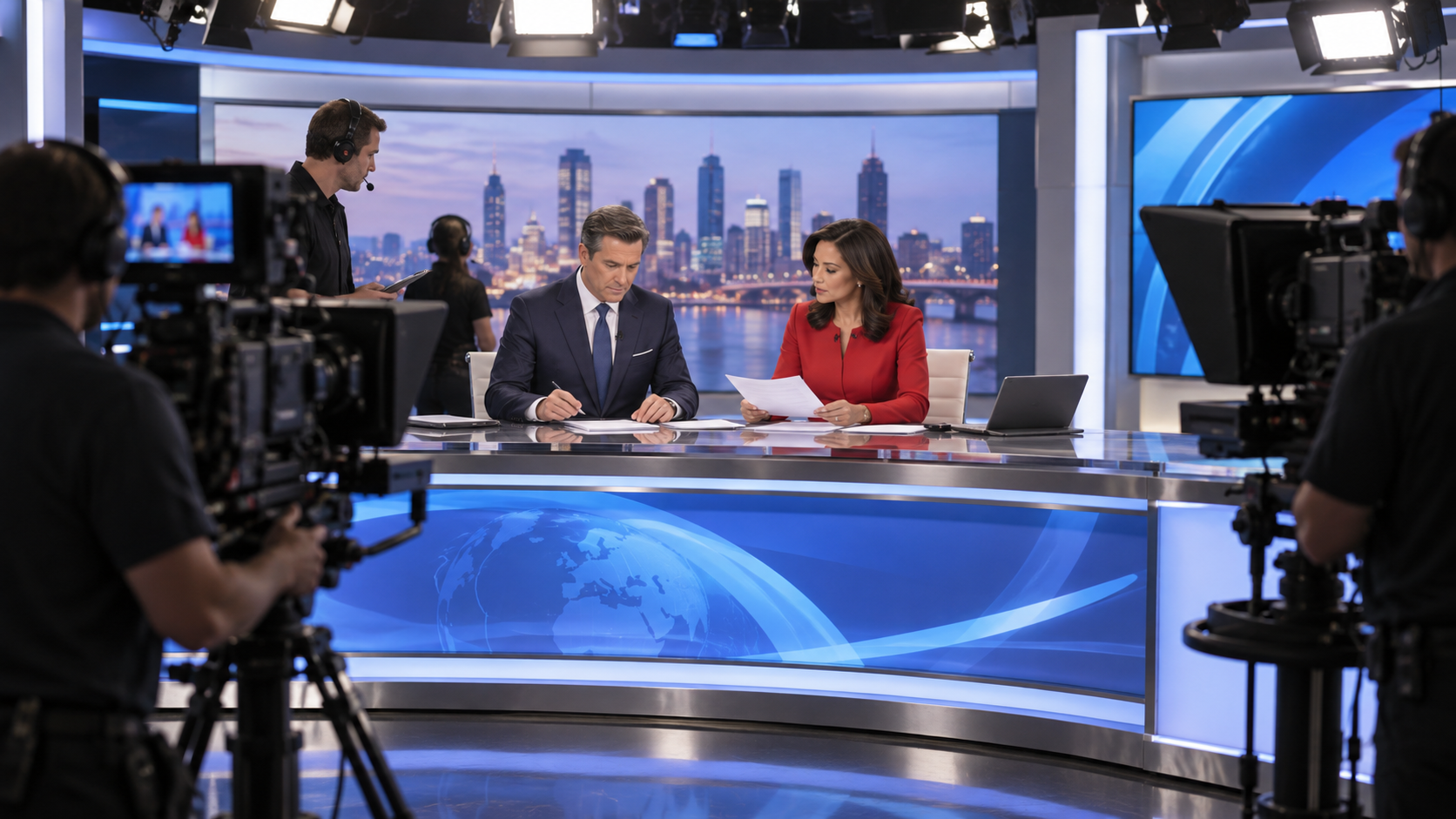 Television news anchors presenting from a modern broadcast studio