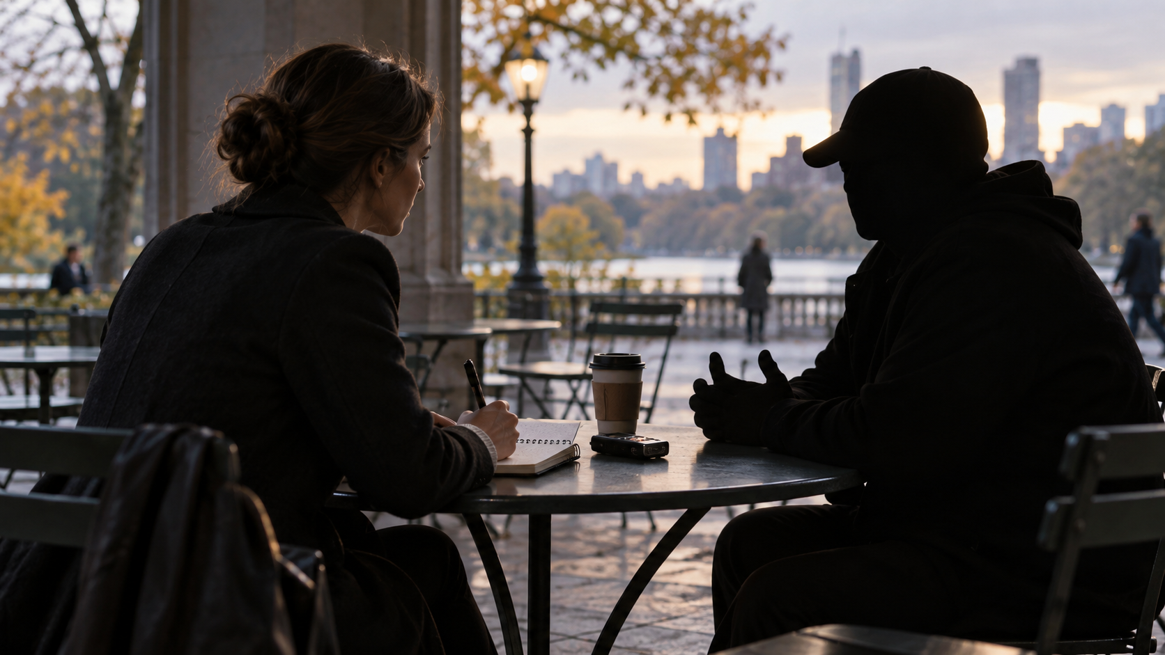 Reporter interviewing a confidential source whose identity is concealed