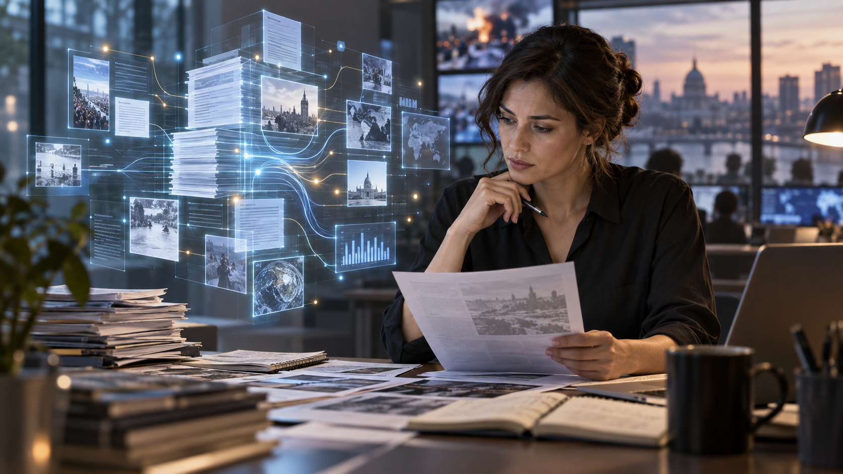 Journalist working with an abstract artificial intelligence data system