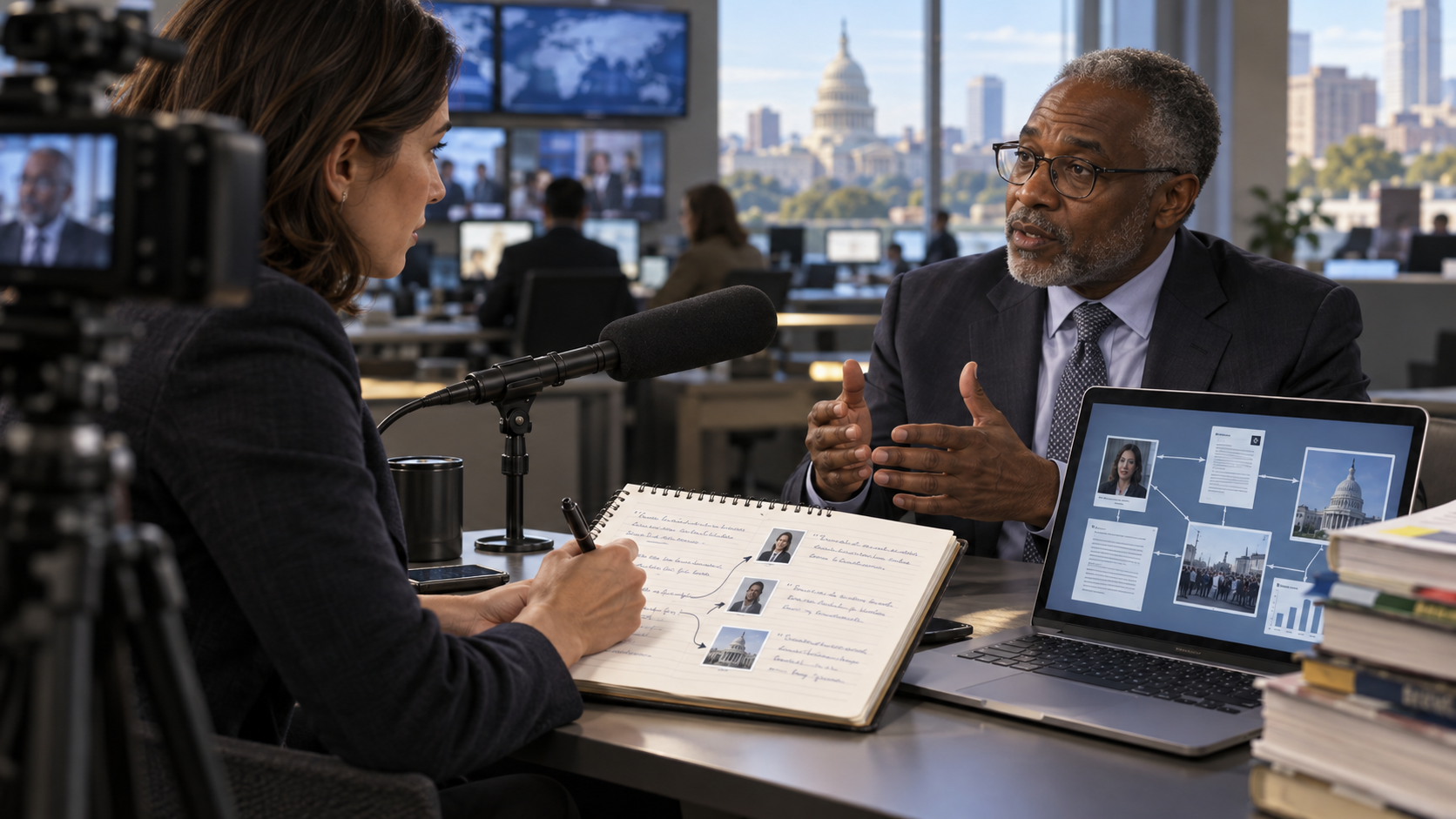 Reporter recording an interview and carefully attributing information to a source