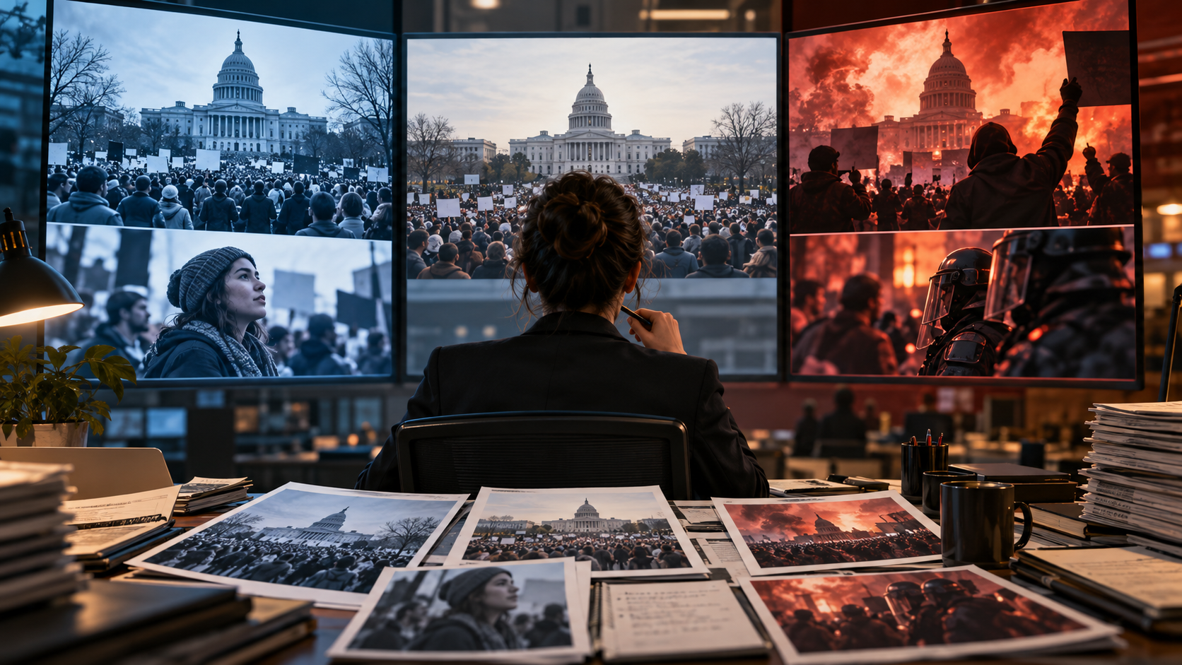 Editor comparing different visual framings of the same public protest